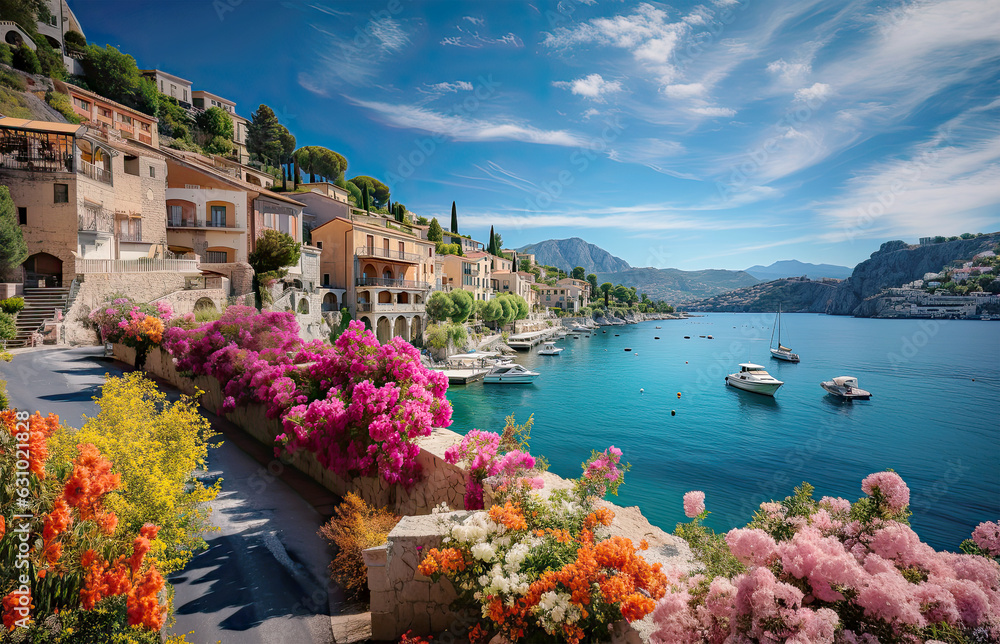Seafront landscape with azalea flowers. French reviera, view of stunning picturesque coastal town